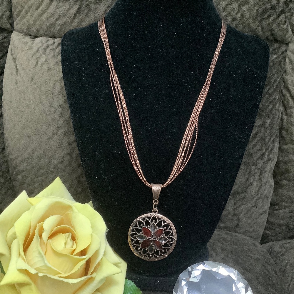 Vintage Style Multi strand Bronze Tone Nylon Cord Necklace with Pendant